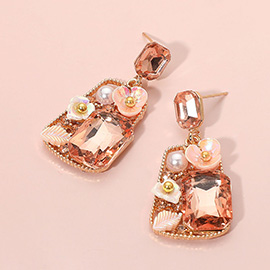 Floral Stone Pearl Leaf Accent Frame Dangle Earrings