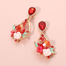 Floral Faceted Gem Embellished Teardrop Dangle Earrings