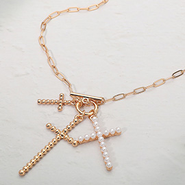 Metal Bubble Pearl Cross Charm Pendant Necklace