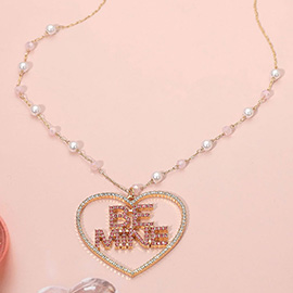 Stone Paved BE MINE Heart Pendant Pearl Bead Station Chain Necklace
