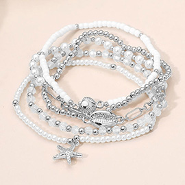 5PCS - Ocean Charm Beaded Stretch Multi Layered Bracelets