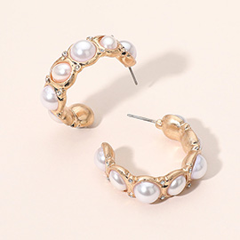 Oval Round Pearl Embellished Open Hoop Earrings