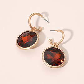 Round Stone Bezel Drop Hoop Earrings