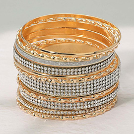 12PCS - Rhinestone Embellished Multi Layered Bangle Bracelets