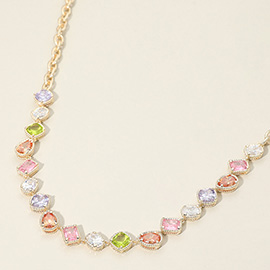 14K Gold Plated Multicolor Shaped CZ Stone Cluster Link Necklace