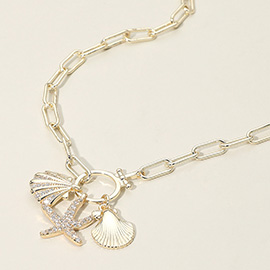 14k Gold Plated CZ Stone Paved Starfish Sea Shell Charm Pendant Industrial Chain Necklace