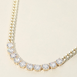 14K Gold Plated Round-Cut Solitaire CZ Stone Link Necklace