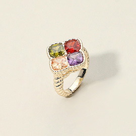 Square Colorful CZ Gemstone Accent Ring
