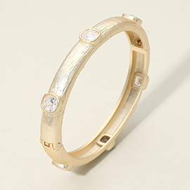 Square CZ Stone Accent Textured Hinged Bangle Bracelet