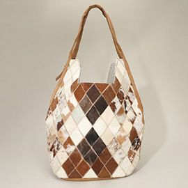 Genuine Calf Hair Diamond Patchwork Shoulder Hobo Bag