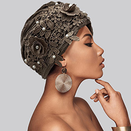 Floral Lace Pearl Embellished Turban Hair Wrap