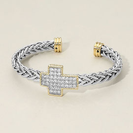 CZ Stone Paved Cross Accent Two Tone Braided Cuff Bracelet