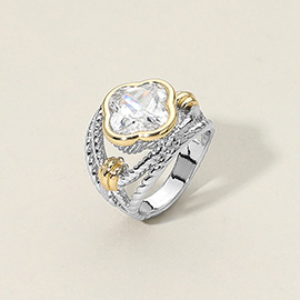 Two Tone CZ Quatrefoil Stone Accent Ring
