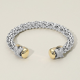 12PCS - CZ Stone Paved Crisscross Accent Tip Two Tone Cuff Bracelet