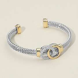 Two Tone CZ Stone Paved Interlocking Accent Double Row Cable Cuff Bracelet