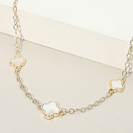 14K Gold Plated Mother of Pearl Quatrefoil Motif Station Necklace