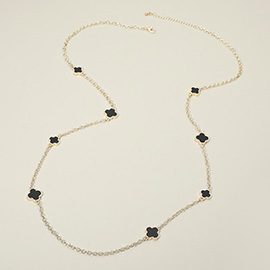 14K Gold Plated Onix Quatrefoil Motif Station Long Necklace