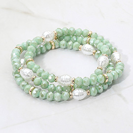 3PCS - Pearl Faceted Beaded Stretch Multi Layered Bracelets