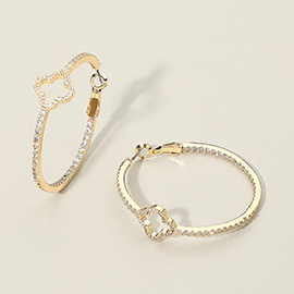 14K Gold Plated CZ Stone Paved Open Quatrefoil Accent Hoop Earrings