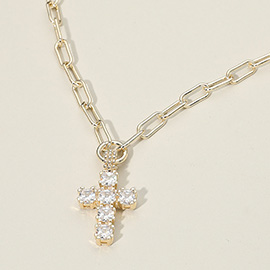 14K Gold Plated CZ Stone Cluster Cross Pendant Chunky Paperclip Chain Necklace
