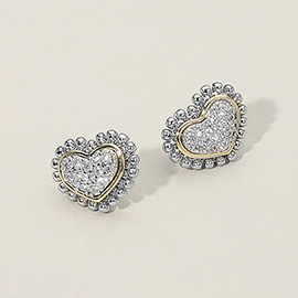 14K Gold Plated Two Tone CZ Stone Paved Heart Stud Earrings