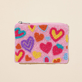 Heart Pattern Seed Beaded Mini Pouch Bag