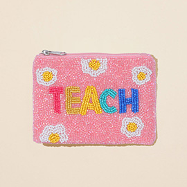 TEACH Message Floral Pattern Seed Beaded Mini Pouch Bag