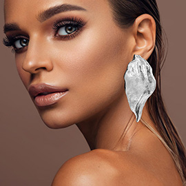Bold Hammered Metal Sculpted Organic Leaf Drop Statement Earrings
