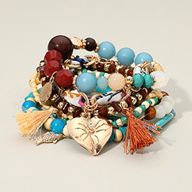 10PCS - Boho Heart Tassel Fish Charm Beaded Stretch Adjustable Multi Layered Bracelets