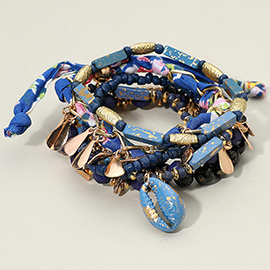 6PCS - Boho Conch Shell Charm Accent Beaded Stretch Adjustable Multi Layered Bracelets