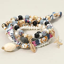 6PCS - Boho Sea Shell Starfish Charm Pearl Beaded Stretch Adjustable Multi Layered Bracelets