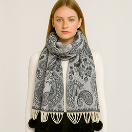 Elegant Patterned Pom Tassel Accent Winter Scarf