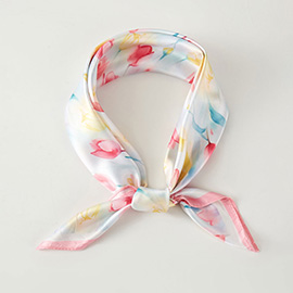 Watercolor Tulip Pattern Printed Square Silky Satin Bandana Scarf