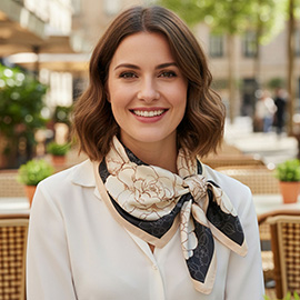 Flower Motif Printed Square Silky Satin Bandana Scarf