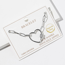 White Gold Dipped CZ Stone Paved Open Heart Carabiner Charm Link Chain Magnetic Bracelet