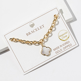 Gold Dipped Mother of Pearl Quatrefoil Charm Accent Chain Link Magnetic Bracelet