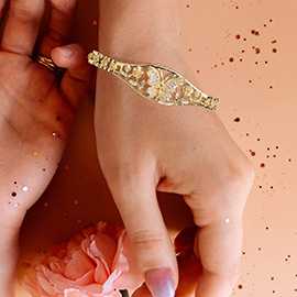 CZ Stone Embellished Filigree Detail Elegant Butterfly and Floral Accent Chain Bracelet