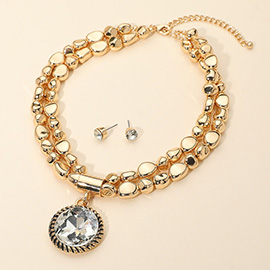 Bold Round Pendant Metal Pebble Beaded Double Layered Statement Necklace