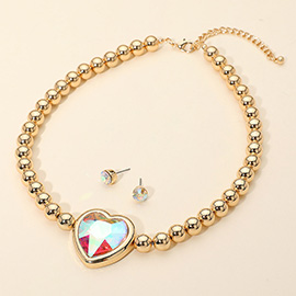 Bold Faceted Heart Stone Accent Beaded Chain Statement Necklace