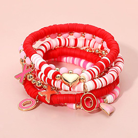 6PCS - Valentine Themed Heart XOXO Charm Heishi Beaded Stretch Multi Layered Bracelets