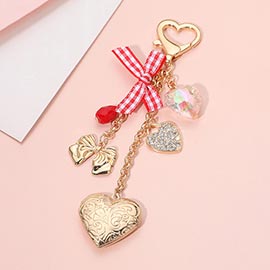 Heart Locket Bow Charm Embellished Keychain Bag Charm