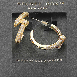 SECRET BOX_14k Gold Dipped Rhinestone Paved Nail Hoop Earrings