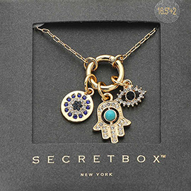 SECRET BOX_14K Gold Dipped Hamsa Hand Evil Eye Round Charm Pendant Necklace