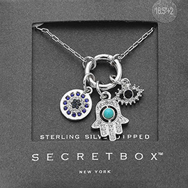 SECRET BOX_Sterling Silver Dipped Hamsa Hand Evil Eye Round Charm Pendant Necklace