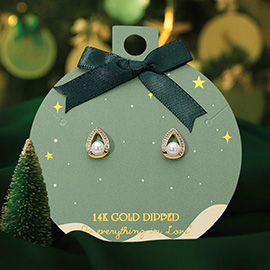 14K Gold Dipped Pearl Accent Stone Paved Teardrop Stud Earrings