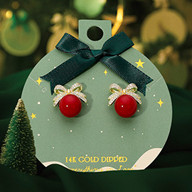 14K Gold Dipped Stone Paved Bow Accent Ball Stud Earrings