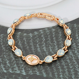 Cross Embossed Oval Charm Stone Bezel Link Bracelet