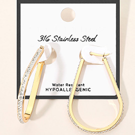 SECRET BOX_Stainless Steel Rhinestone Paved Teardrop Pin Catch Hoop Earrings
