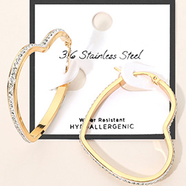 SECRET BOX_Stainless Steel Rhinestone Paved Heart Pin Catch Hoop Earrings