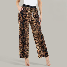 Leopard Print Drawstring Wide Leg Pants